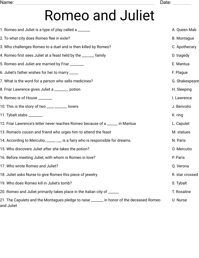 Romeo And Juliet Crosswords Word Searches Worksheets And More WordMint Romeo And Juliet Word Search