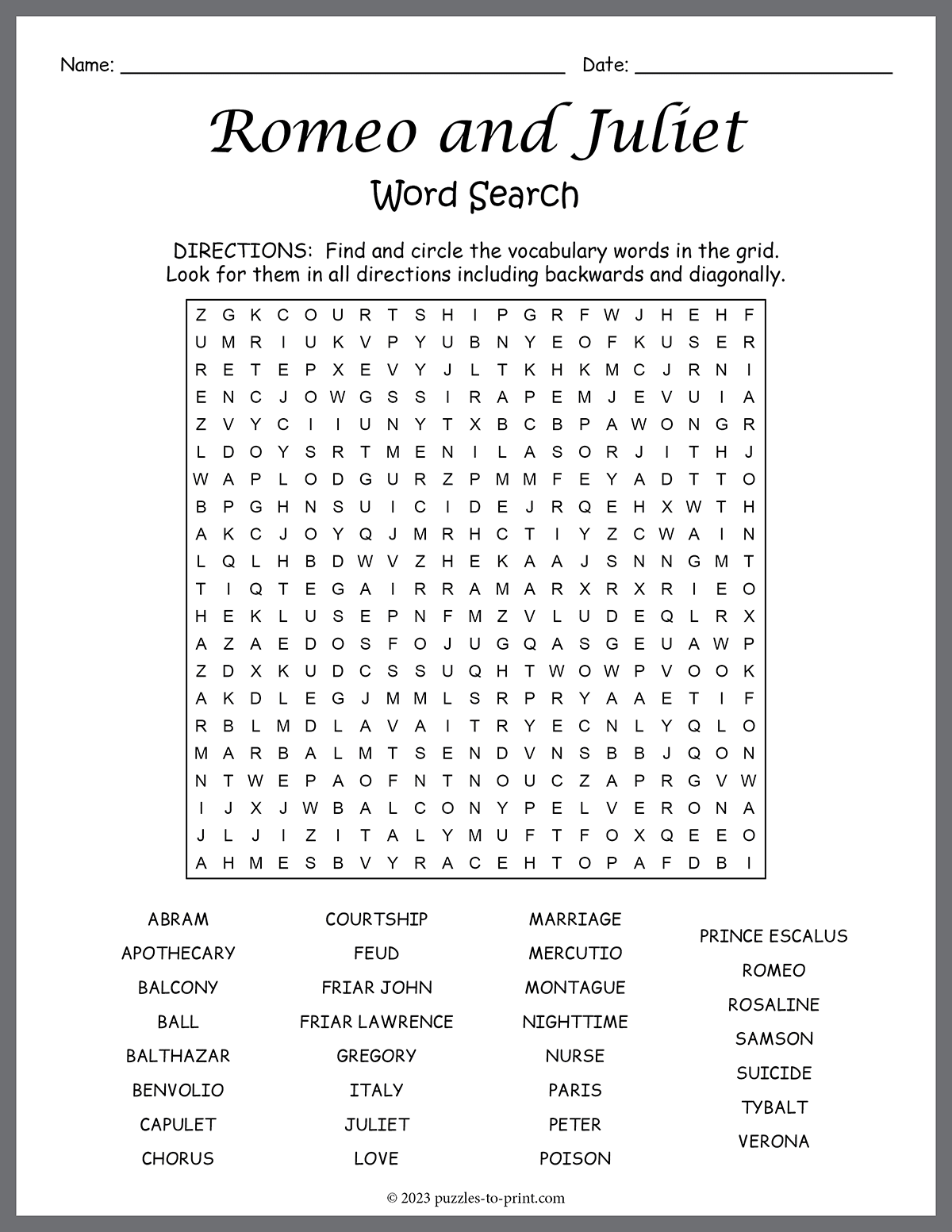 Romeo And Juliet Word Search Romeo And Juliet Word Search