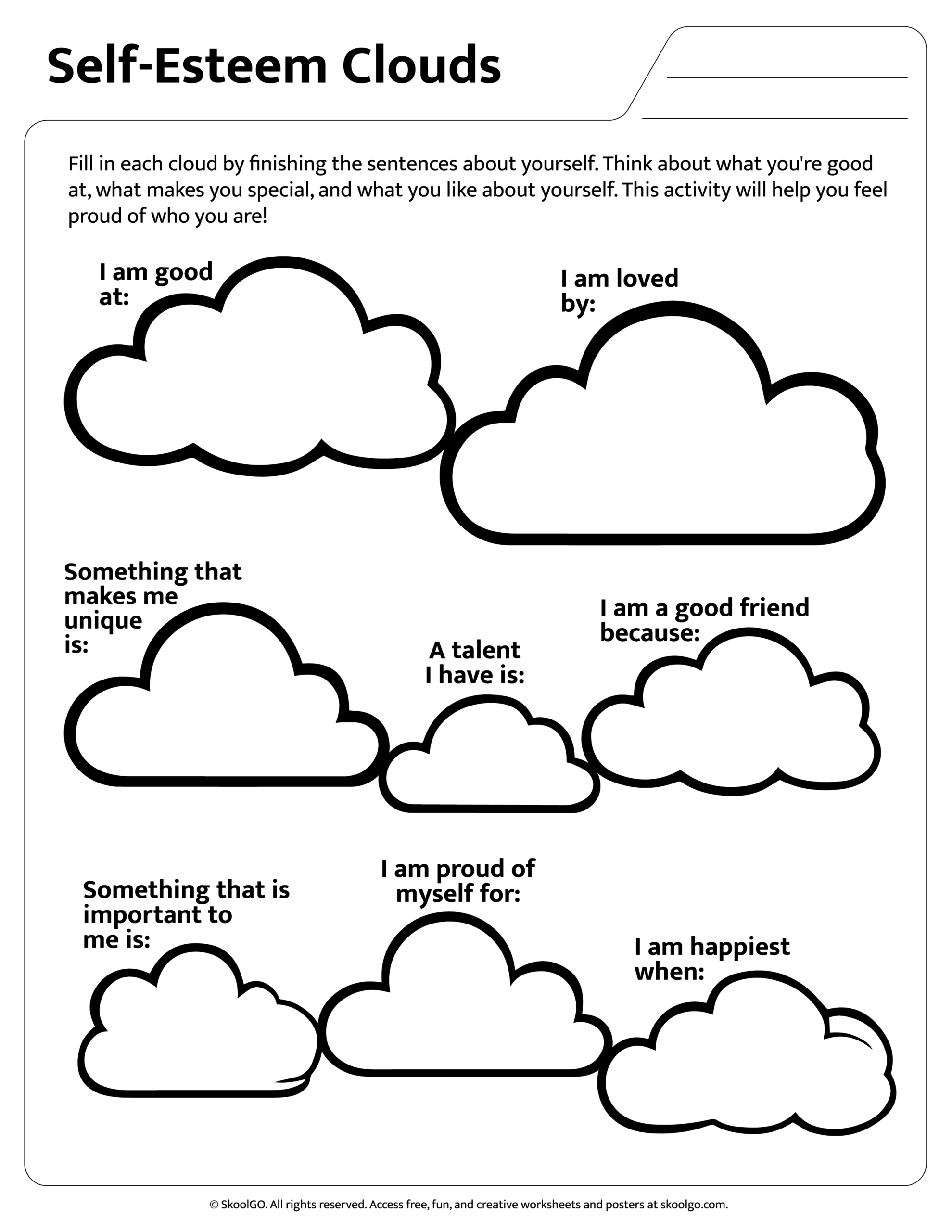 Self Esteem Clouds Free Printable For Grades 1 3 SKOOLGO Self Esteem Gratitude Worksheet Children Mental Health Emotions Feelings Awareness Download Printable Etsy