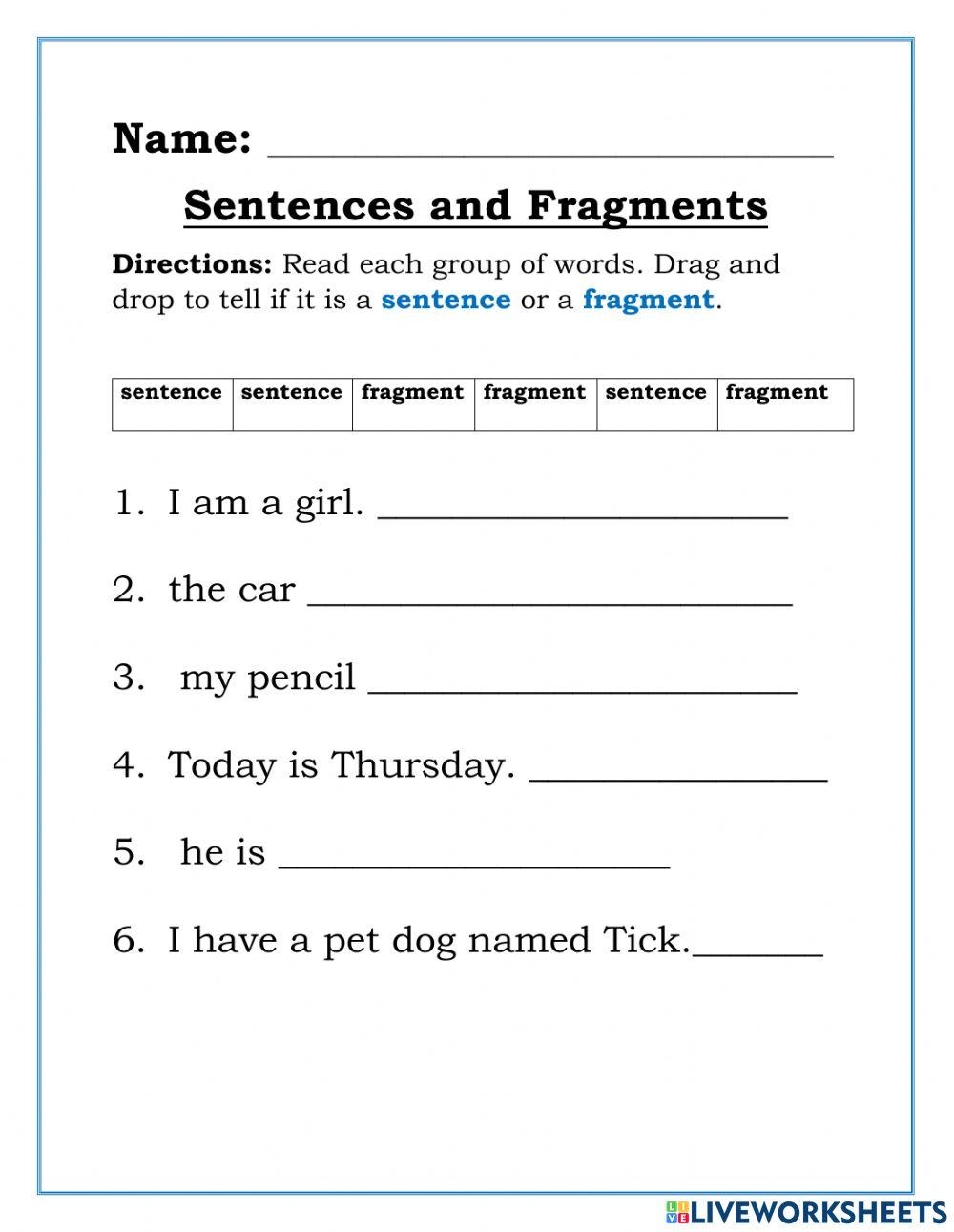 Sentences And Fragments Online Worksheet For 1 Worksheets Library