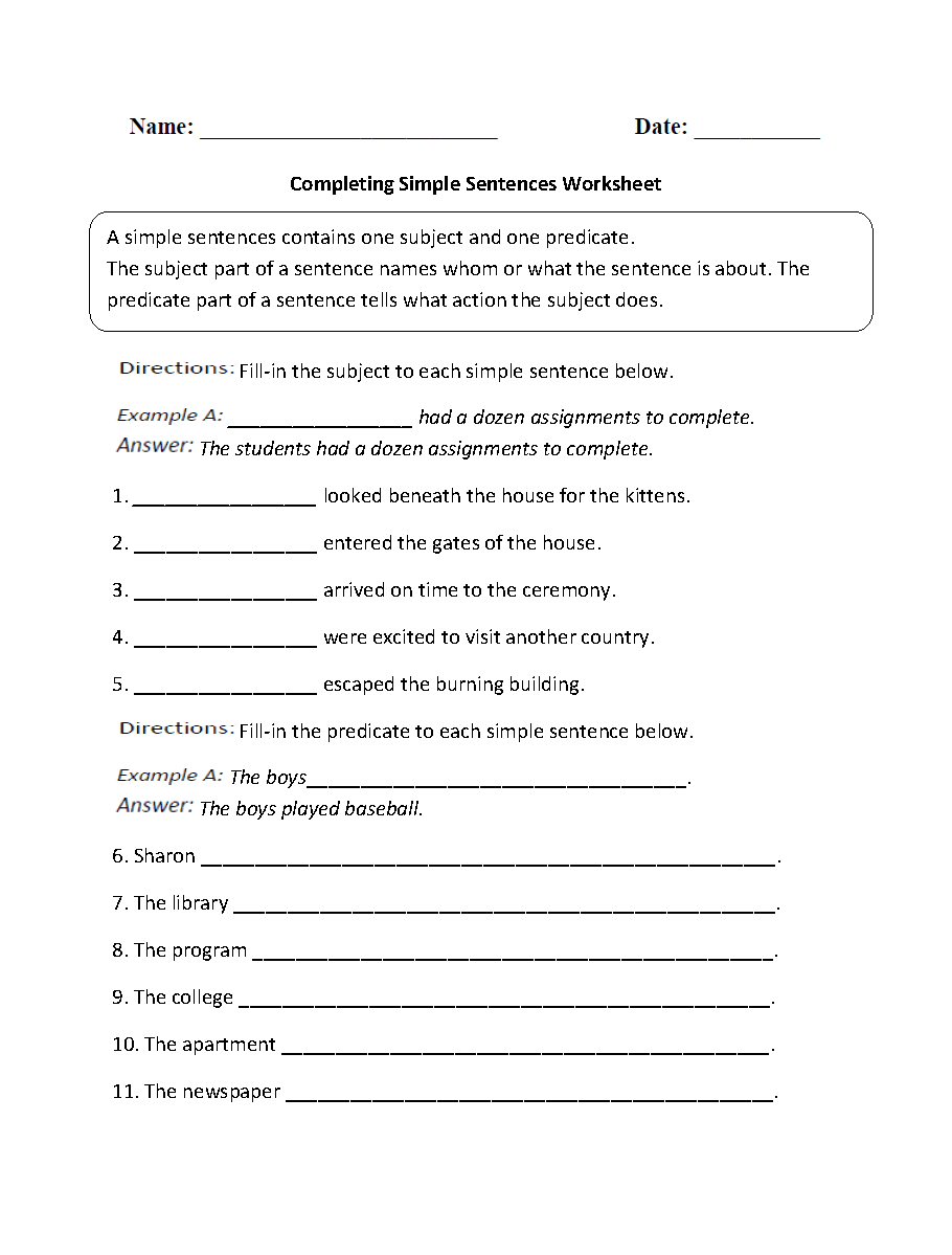 Sentences Worksheets Simple Sentences Worksheets