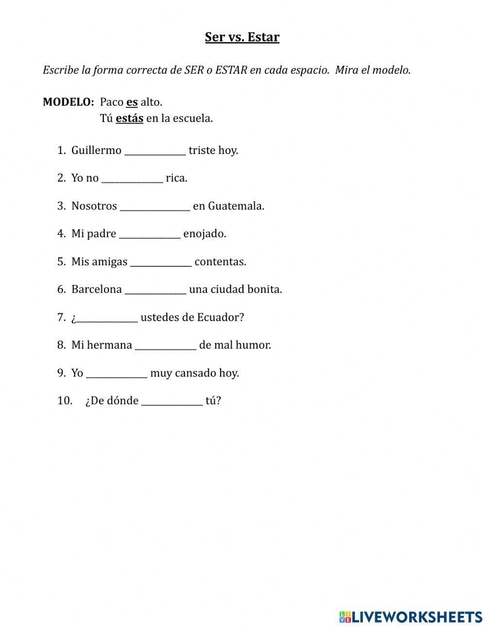Ser Vs Estar Worksheet Worksheet Worksheets Library Discover 19 Verb SER And Teaching Spanish Ideas Learning Spanish Spanish Lessons Spanish Verbs And More