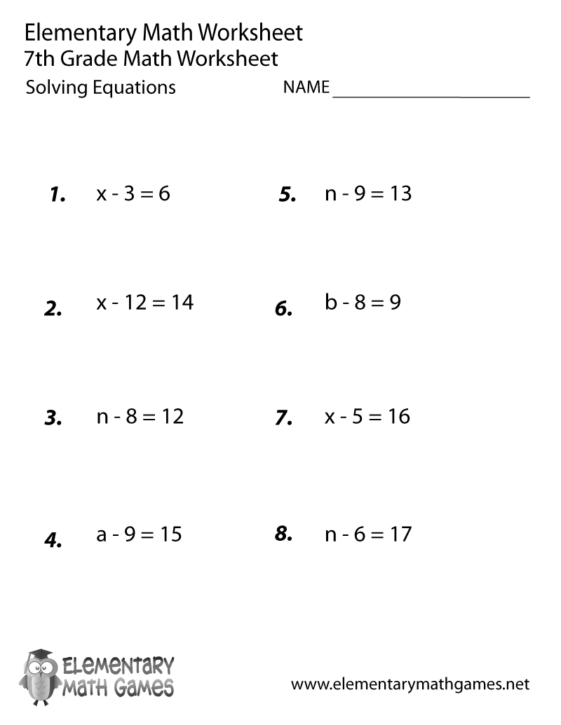 Seventh Grade Solving Equations Worksheet Eighth Grade Addition Worksheet