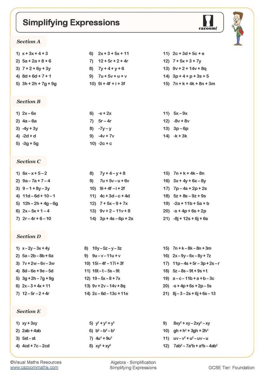 Simplification Worksheets Printable Simplification Of Algebraic Expressions Worksheet PDF And Free Samples Downloads Cazoom Maths