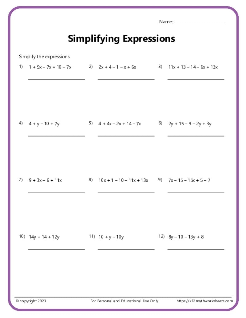 Simplifying Expressions Worksheets K12 Math Worksheets