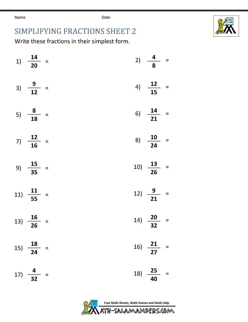 Simplifying Fractions Worksheet Simplifying Fractions A Example FREE Teaching Resources Cazoom Math