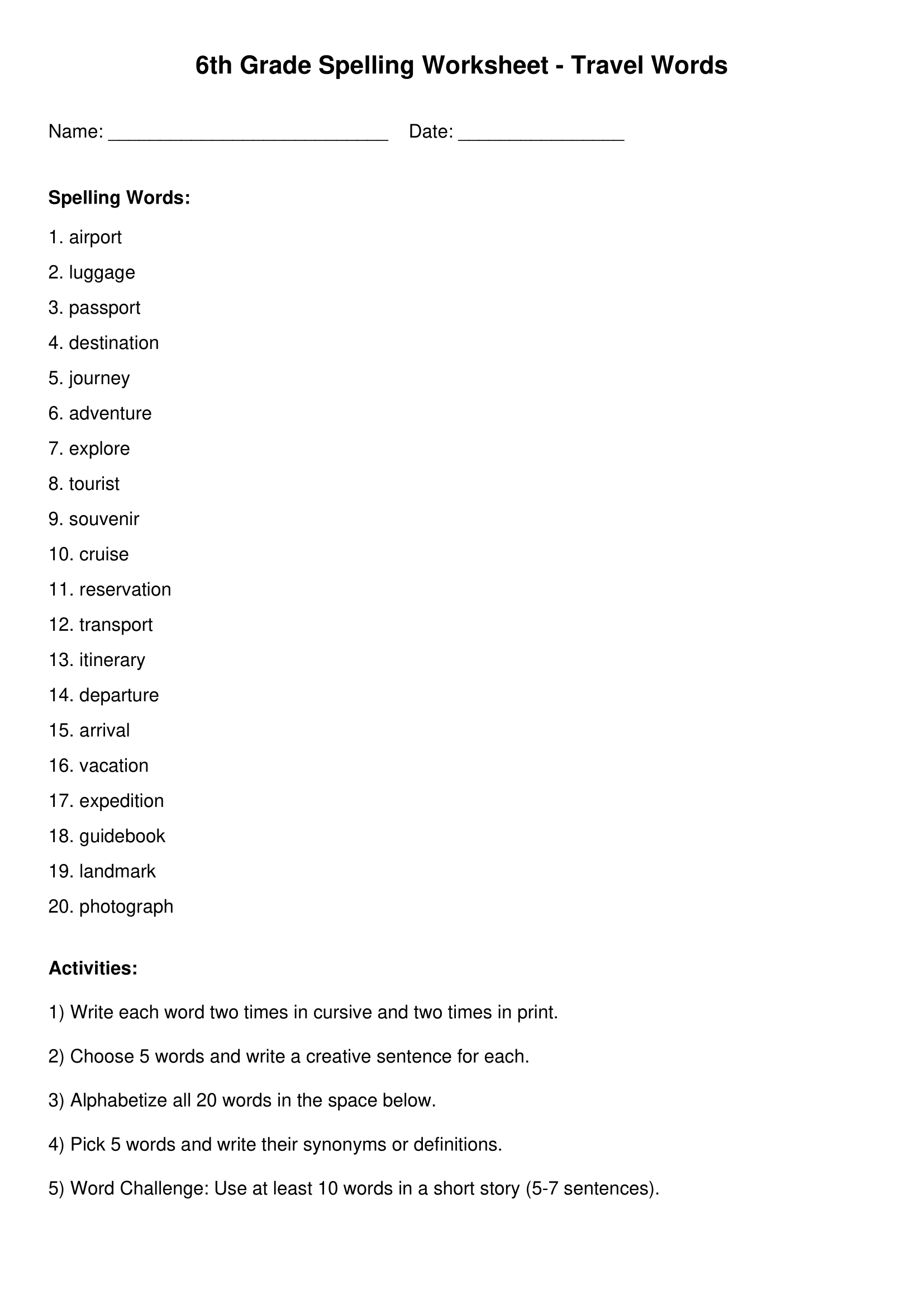 Sixth Grade Spelling Worksheets Printable Word Lists Vocabulary Practice Vocab Review Extra Credit Worksheet WordMint