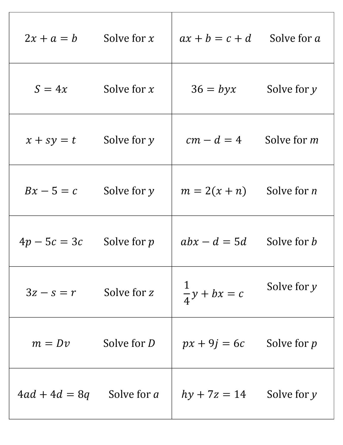 Solving Literal Equations Connect 4 Activity Student Approved Worksheets Library Solving Literal Equations Connect 4 Activity Student Approved Worksheets Library