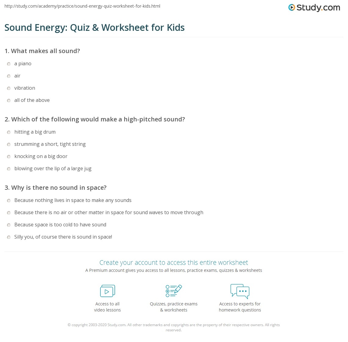 Sound Energy Quiz Worksheet For Kids Study