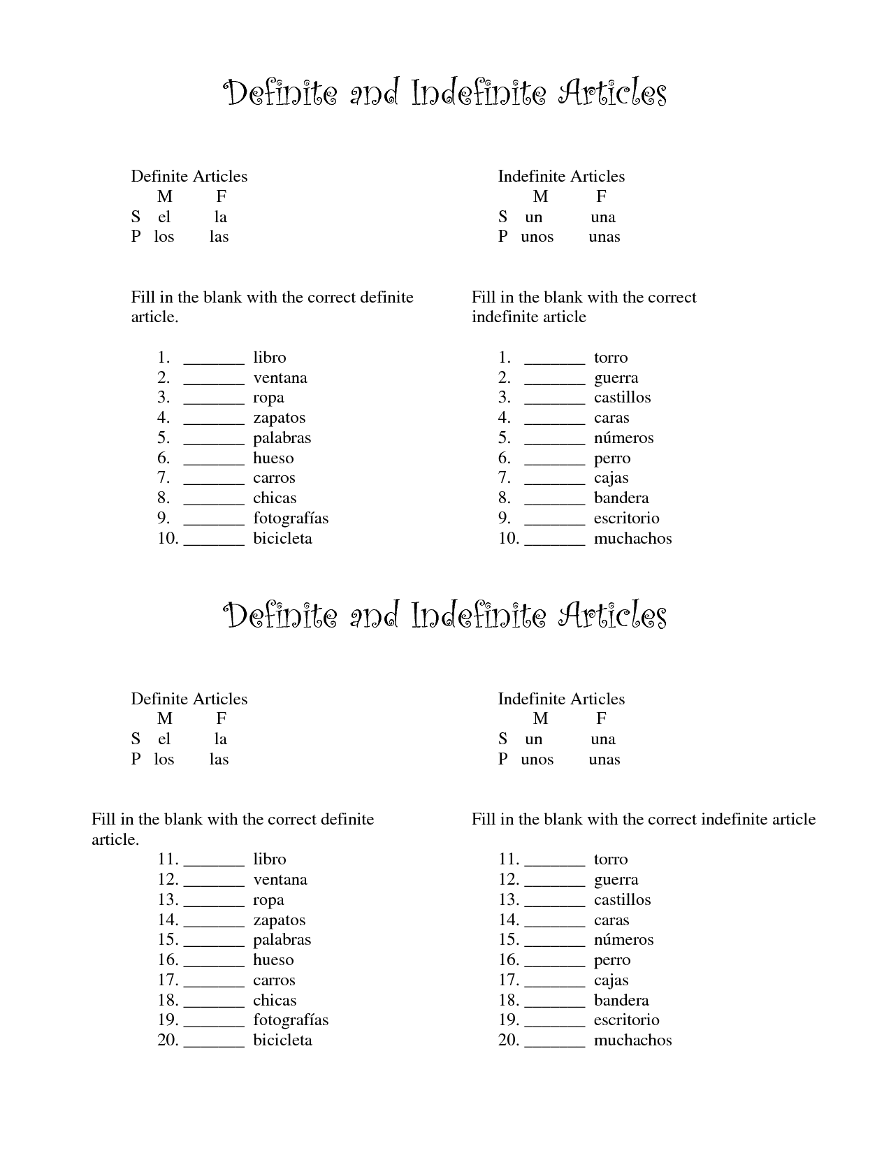 Art Culos Definidos E Indefinidos Definite And Indefinite Articles Worksheets Library