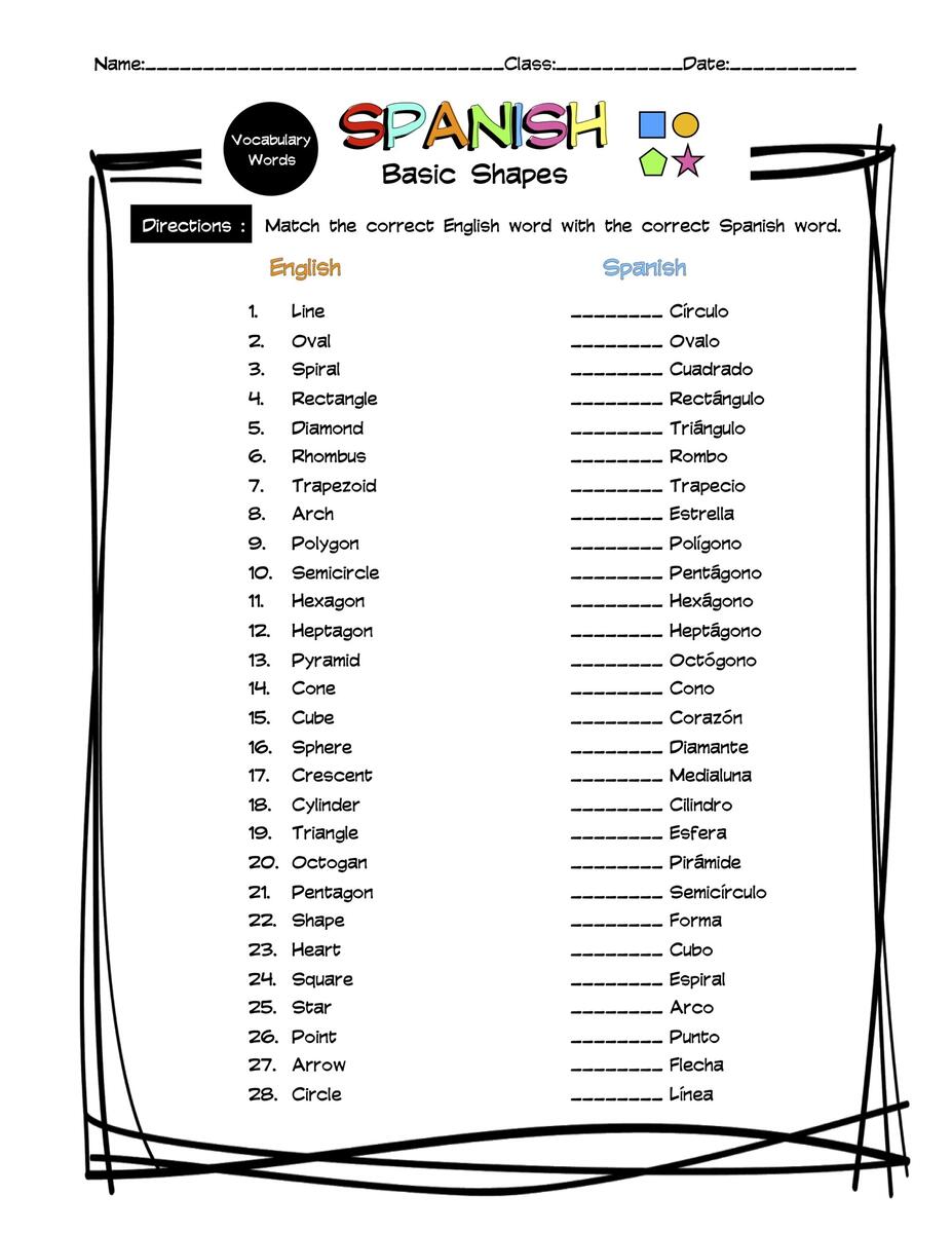 Spanish Basic Shapes Vocabulary Matching Worksheet Answer Key Made By Teachers Free Printable Beginning Spanish Worksheet