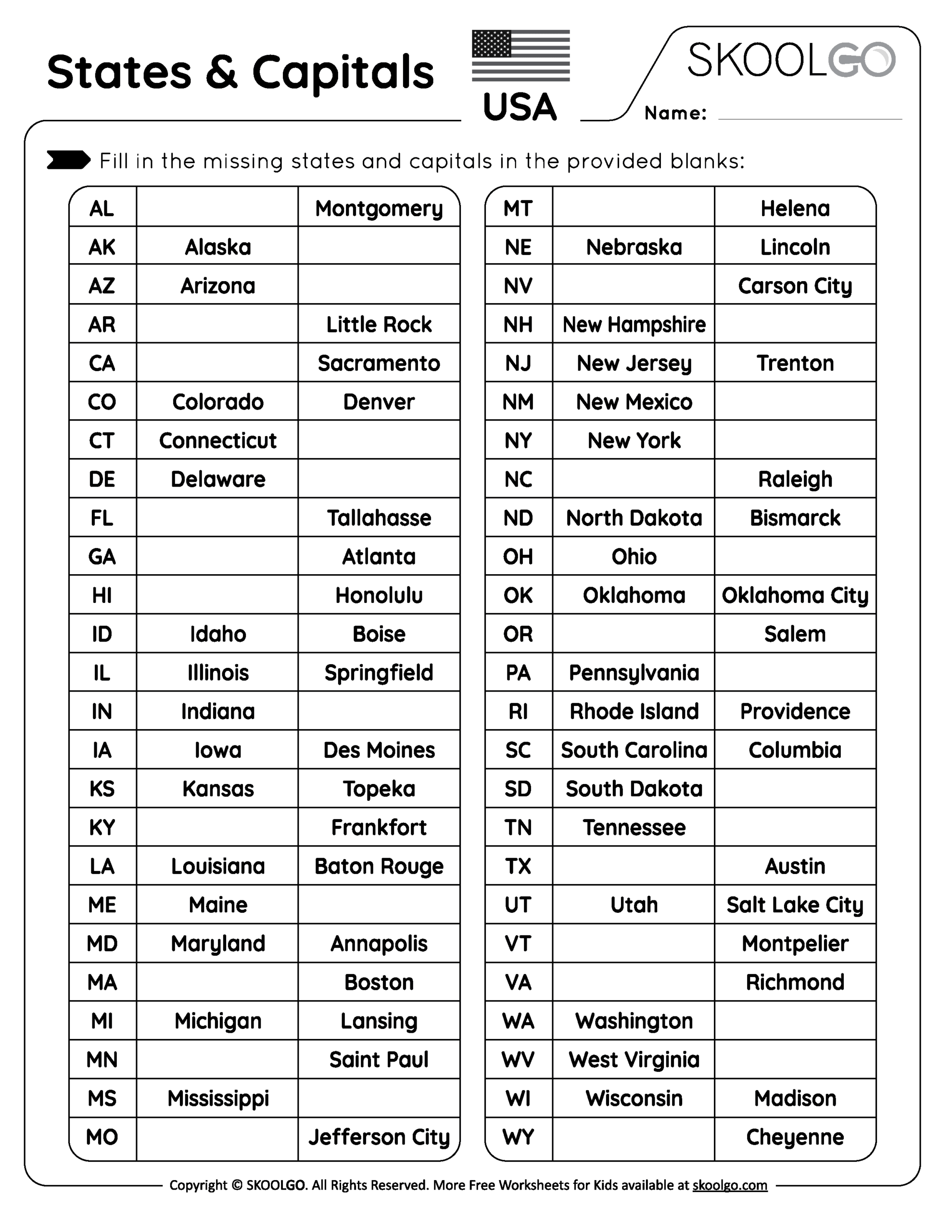 States And Capitals Free Worksheet For Kids SKOOLGO Free States Capitals Worksheet Packet Easy Print The Simple Homeschooler