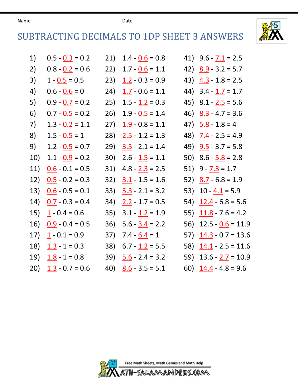 Subtracting Decimals Worksheet Subtracting Decimals Worksheet