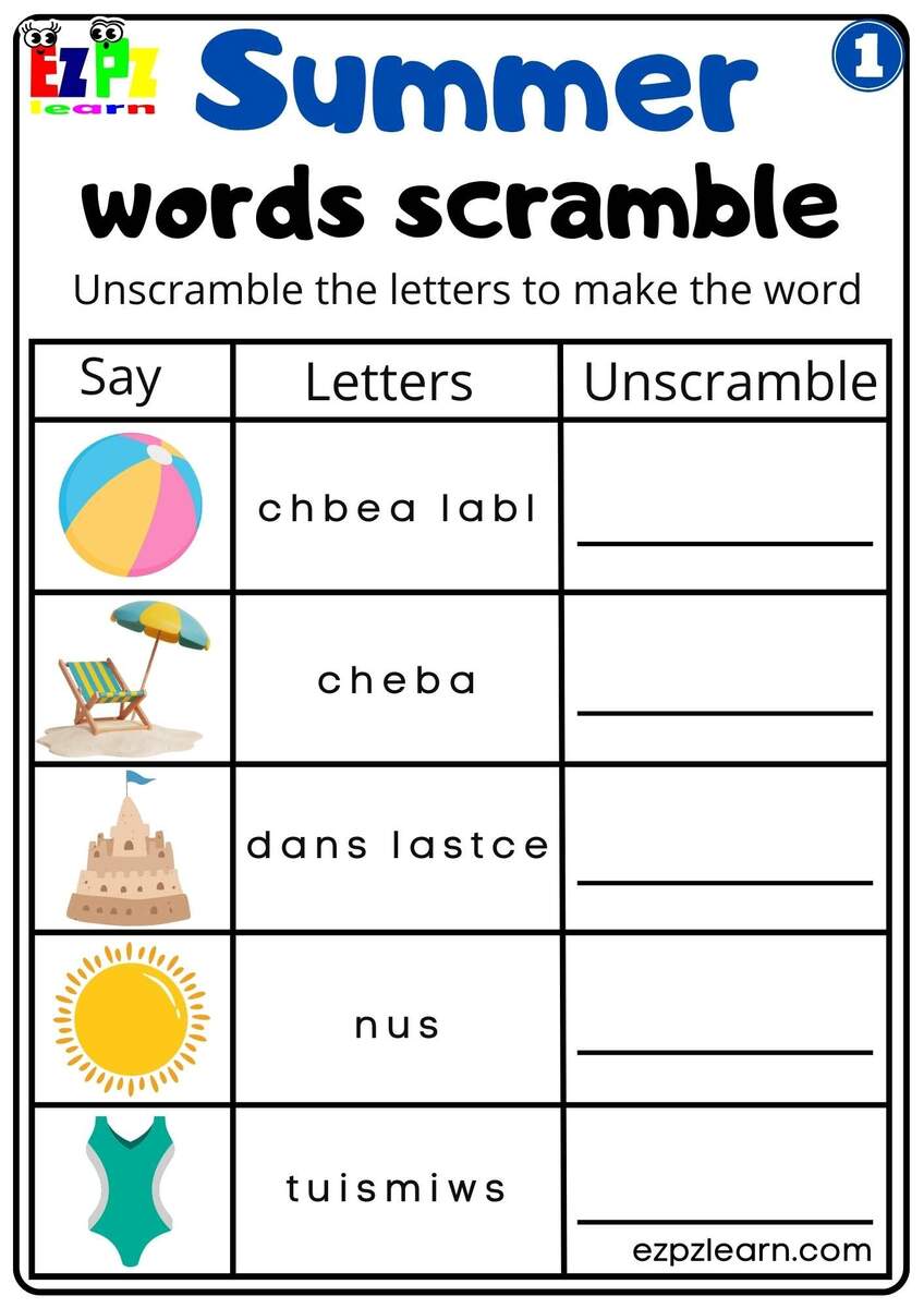 Summer Word Scramble Activity For Kids Set 1 Ezpzlearn Summer Word Scramble Activity For Kids Set 1 Ezpzlearn