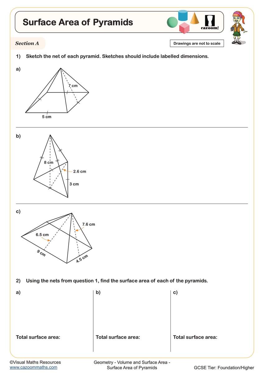 Surface Area Of Pyramids Worksheet Printable PDF For Year 10 And Year 11 Geometry Worksheet Volume And Surface Area Of Cones And Spheres Worksheet PDF Printable Geometry Worksheet Cazoom Math