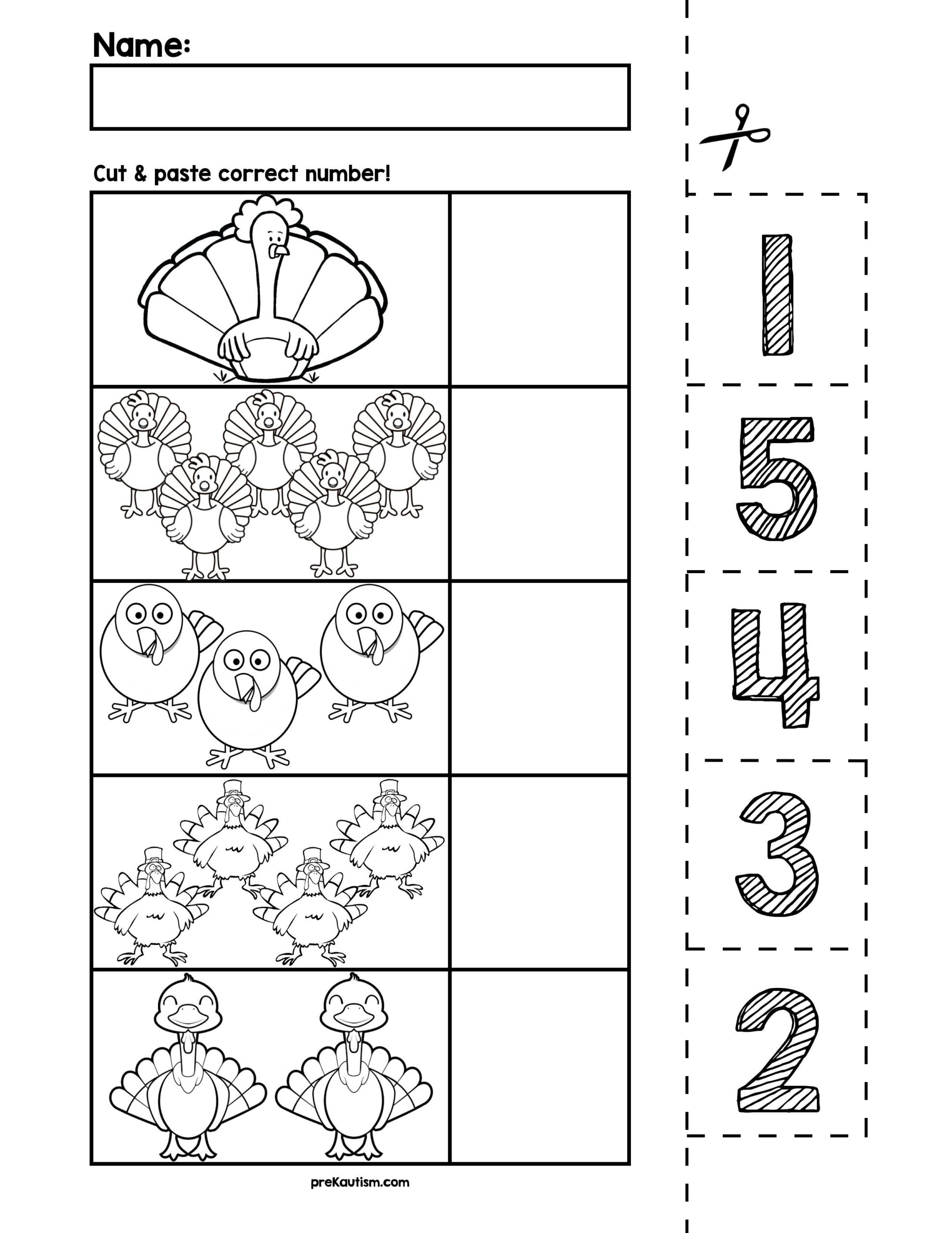 Thanksgiving Turkeys Cut Match Worksheets Numbers 1 5 By PreKautism