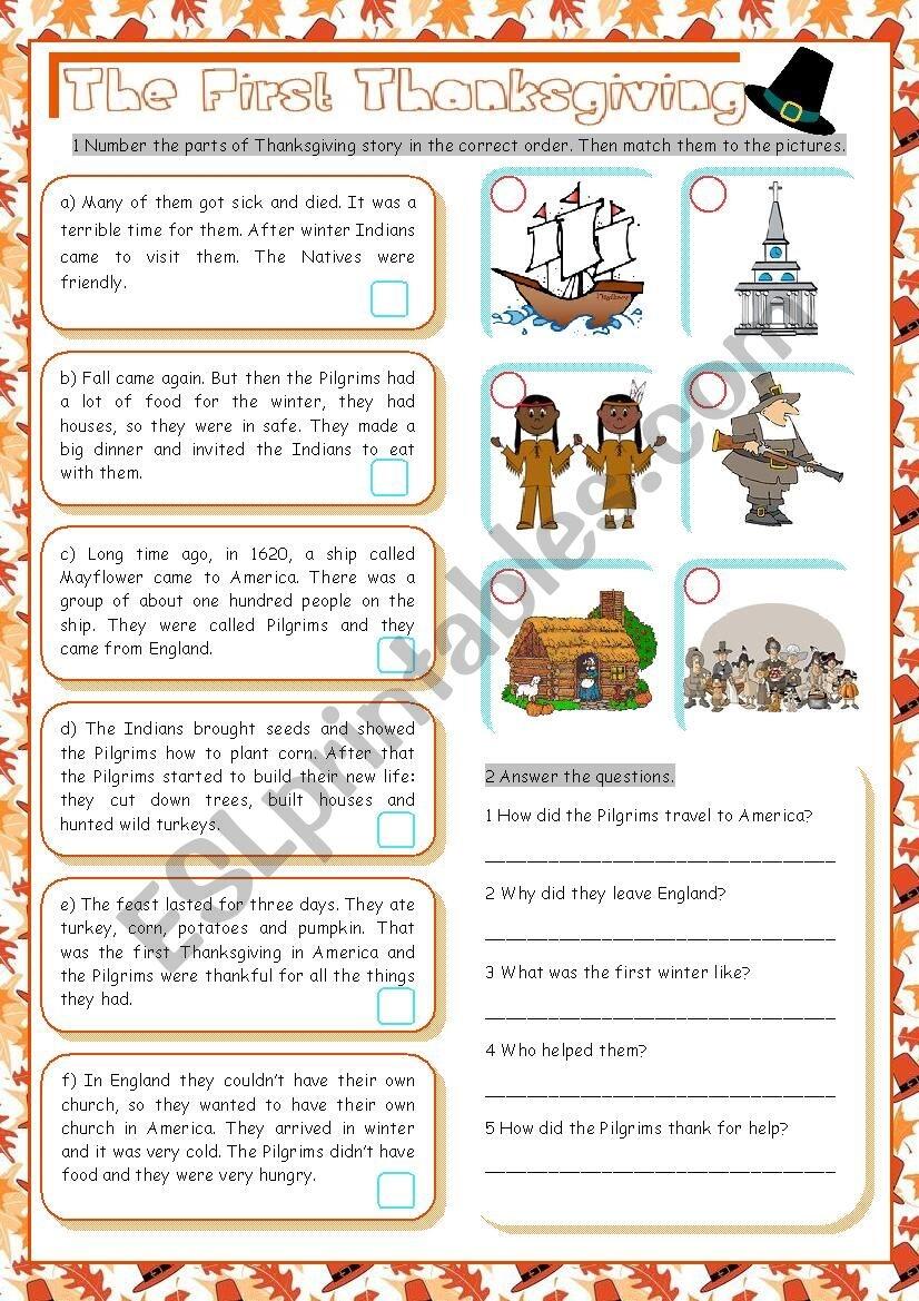 The First Thanksgiving ESL Worksheet By Kissnetothedit