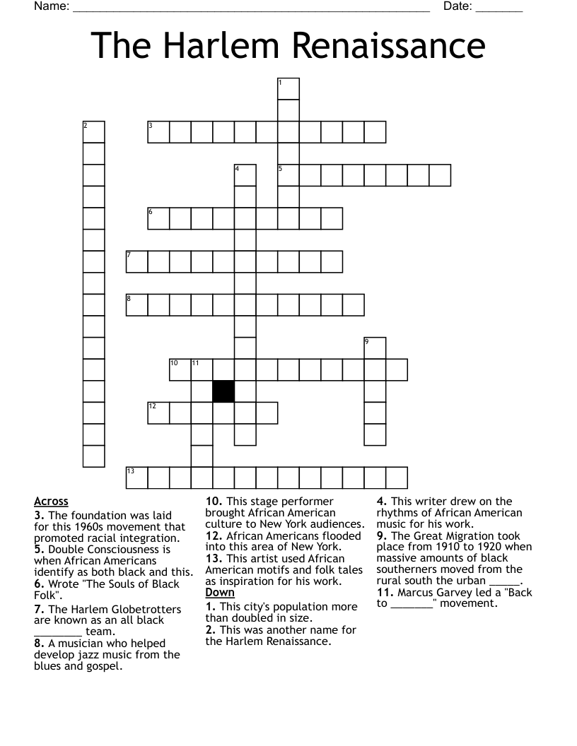 The Harlem Renaissance Crossword WordMint The Harlem Renaissance Crossword WordMint