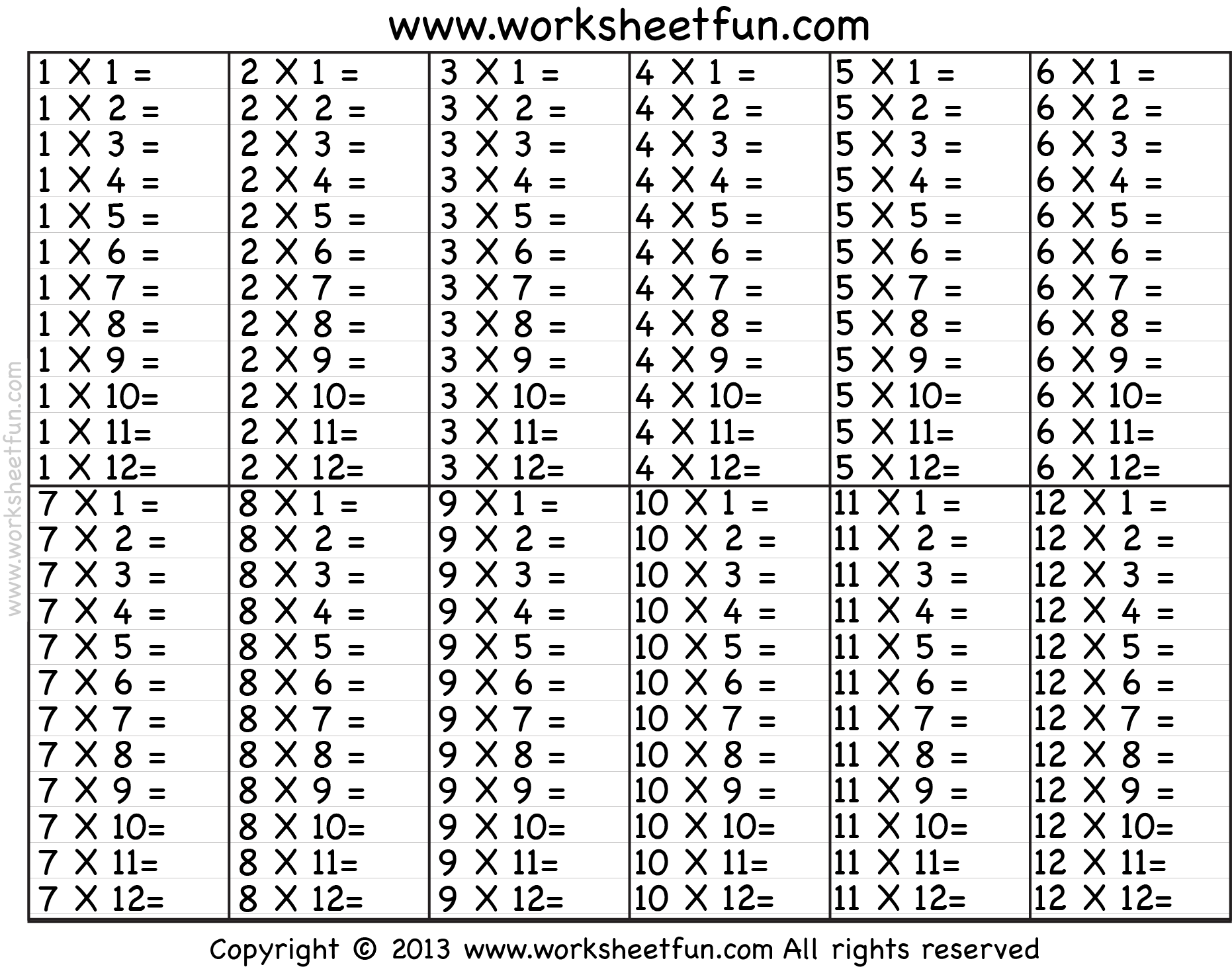 Times Table 2 12 Worksheets 1 2 3 4 5 6 7 8 9 10 11 12 13 14 15 16 17 18 19 And 20 FREE Printable Worksheets Worksheetfun Free Multiplication Worksheet 11s 12s Worksheets4Free