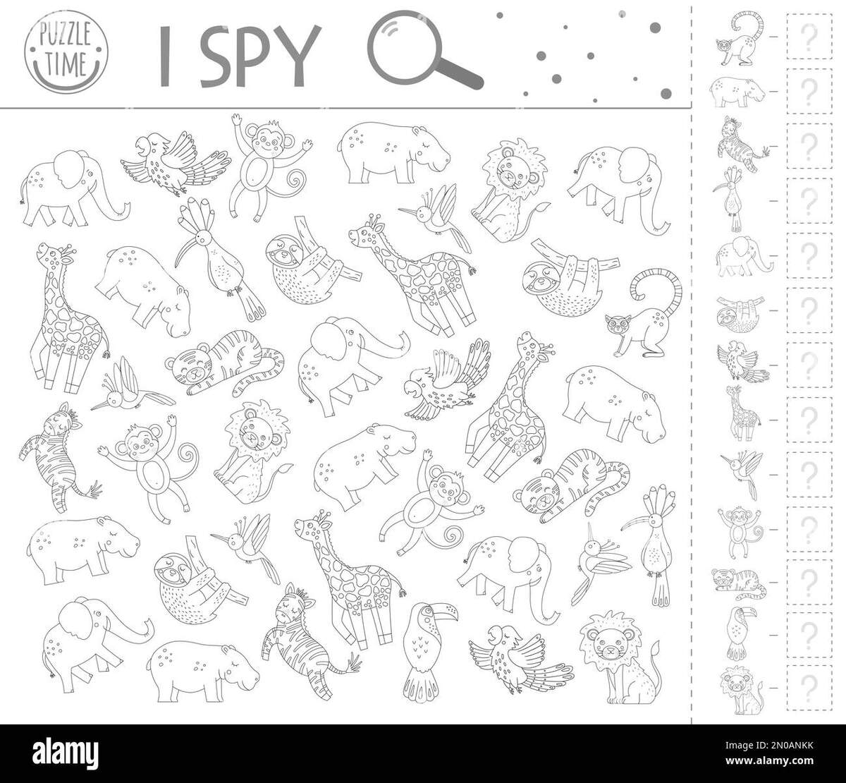 Tropical I Spy Game Exotic Searching And Counting Activity For Preschool Children With Cute Animals Funny Black And White Jungle Printable Worksheet Stock Vector Image Art Alamy