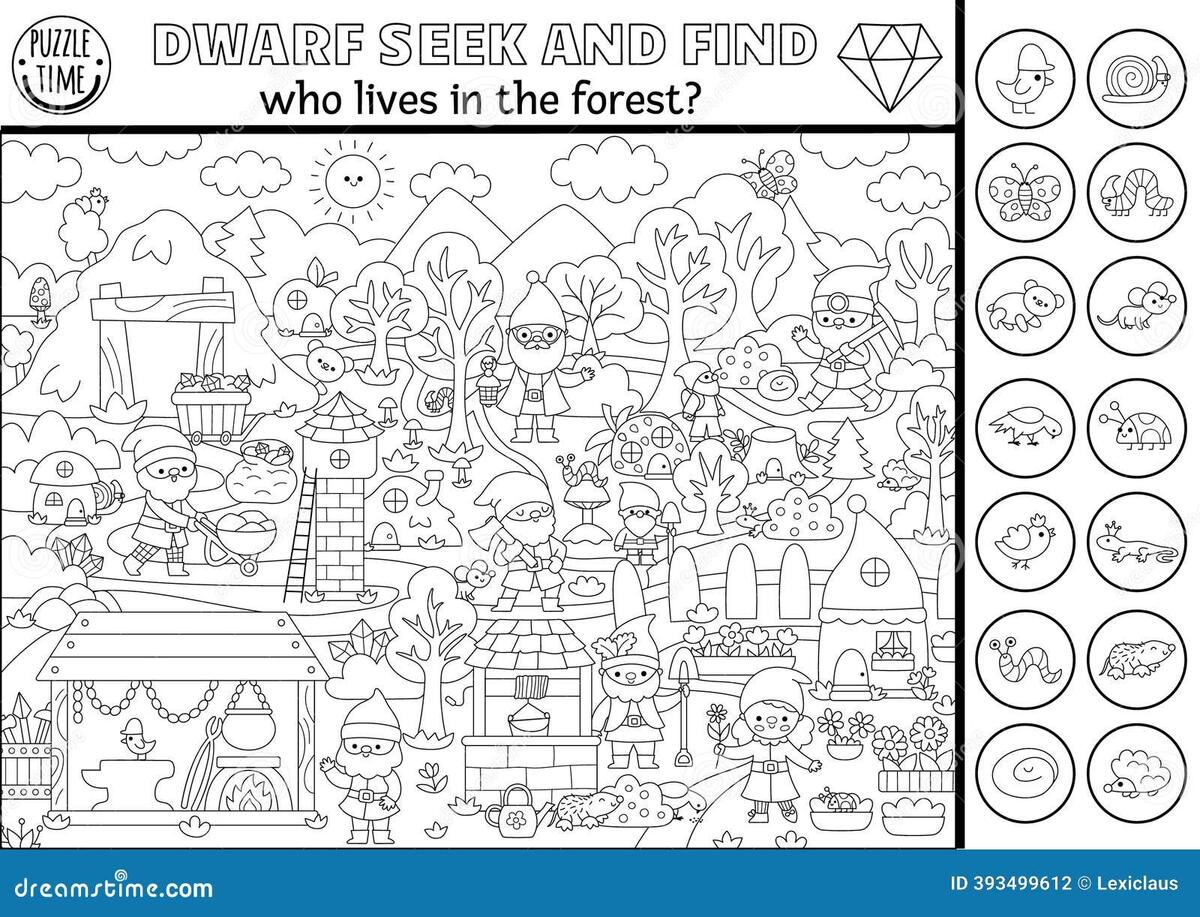 Vector Black And White Searching Game With Dwarf Village Landscape Spot Hidden Objects Stock Vector Illustration Of Contour Coloring 393499612 Vector Black And White Searching Game With Dwarf Village Landscape Spot Hidden Objects Stock Vector Illustration Of Contour Coloring 393499612