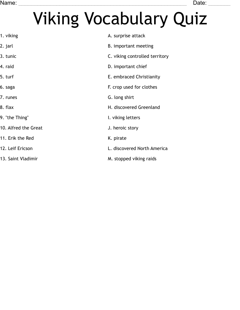 Viking Vocabulary Quiz Worksheet WordMint