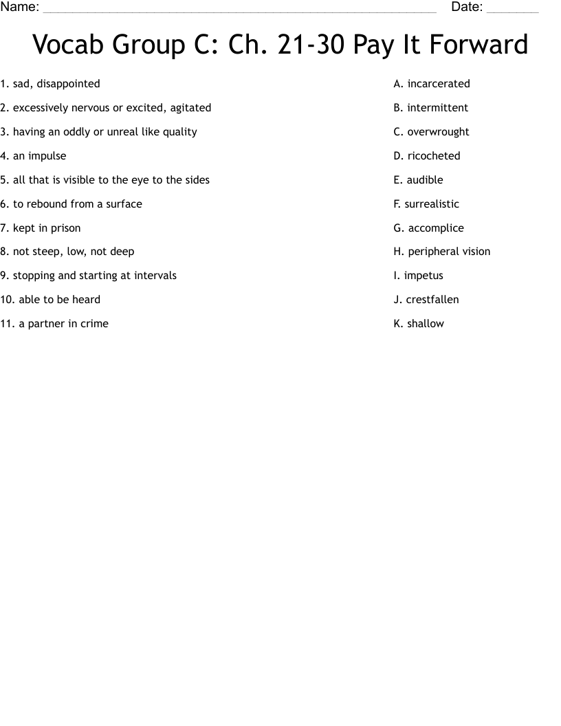 Vocab Group C Ch 21 30 Pay It Forward Worksheet WordMint