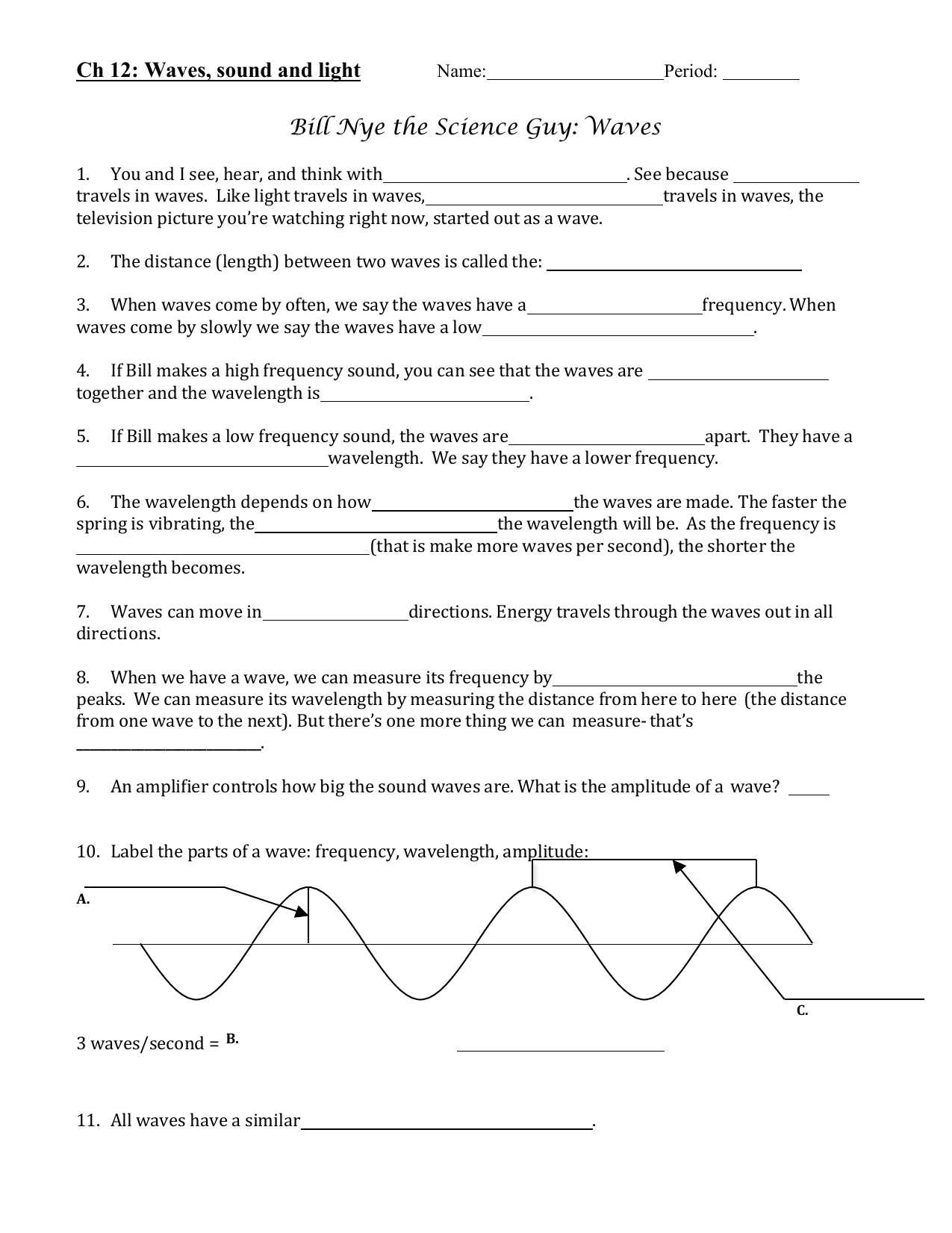 Waves Sound And Light Worksheet Bill Nye