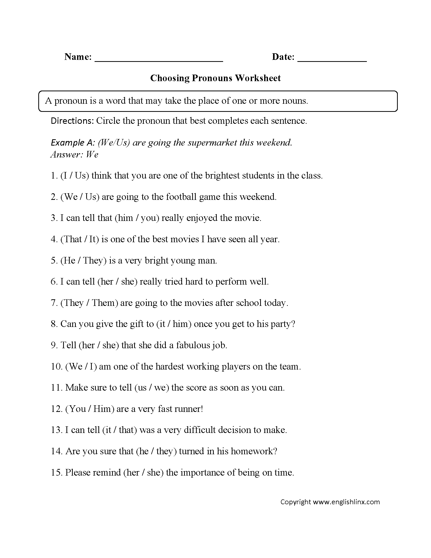 Pronoun Antecedent Agreement Fill In The Blanks Worksheets Printable
