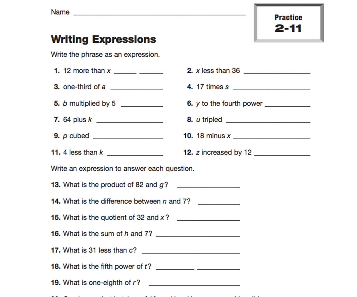 Writing Expressions Printable 5th 6th Grade TeacherVision